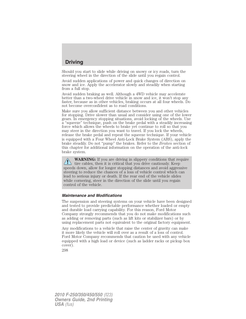 Maintenance and modifications, Driving | FORD 2010 F-550 v.2 User Manual | Page 298 / 408