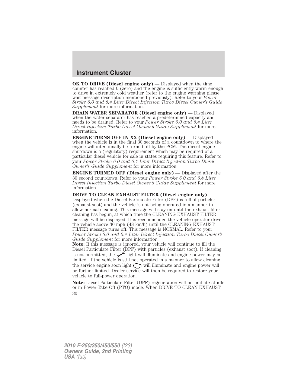 Instrument cluster | FORD 2010 F-550 v.2 User Manual | Page 30 / 408
