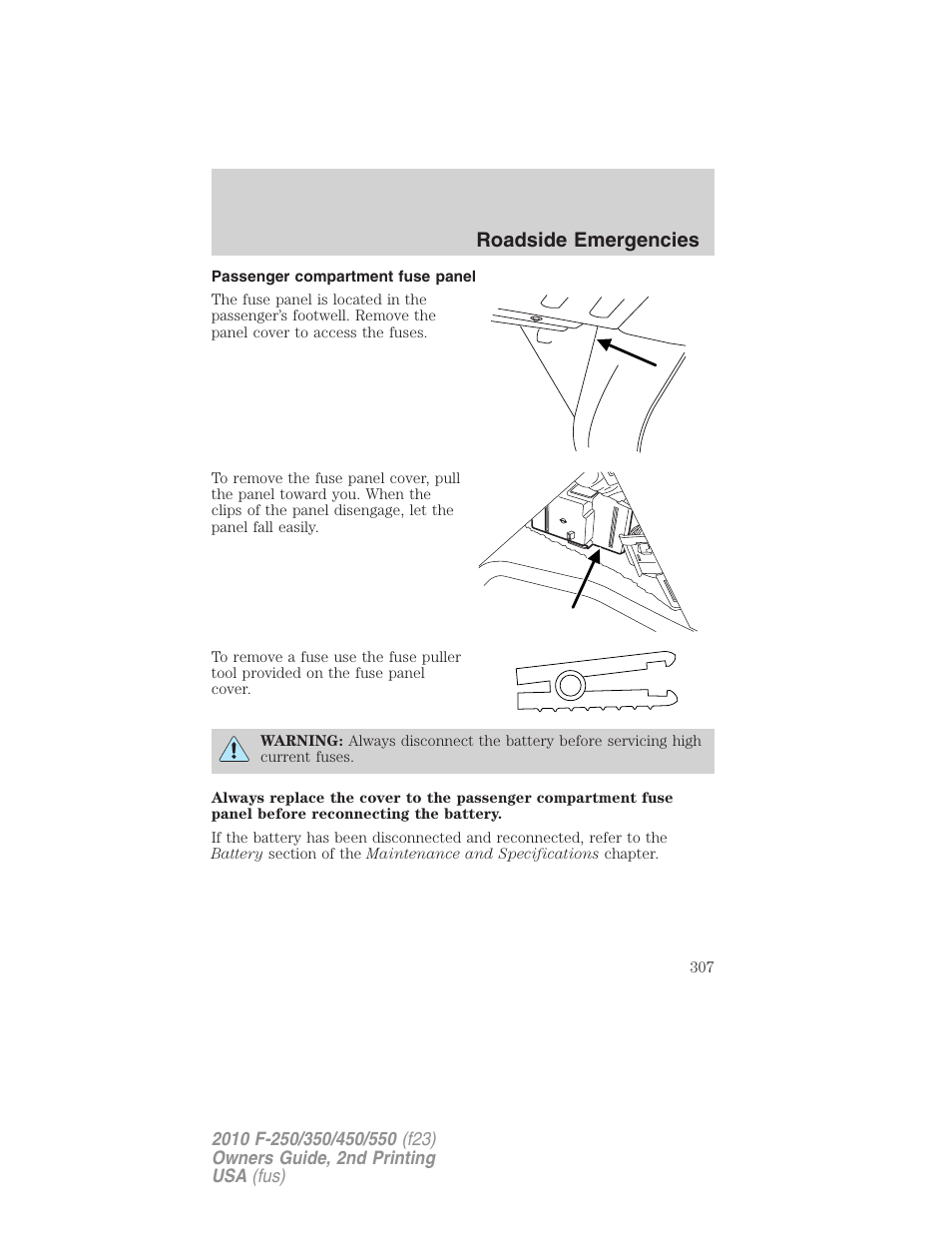 Passenger compartment fuse panel, Roadside emergencies | FORD 2010 F-550 v.2 User Manual | Page 307 / 408