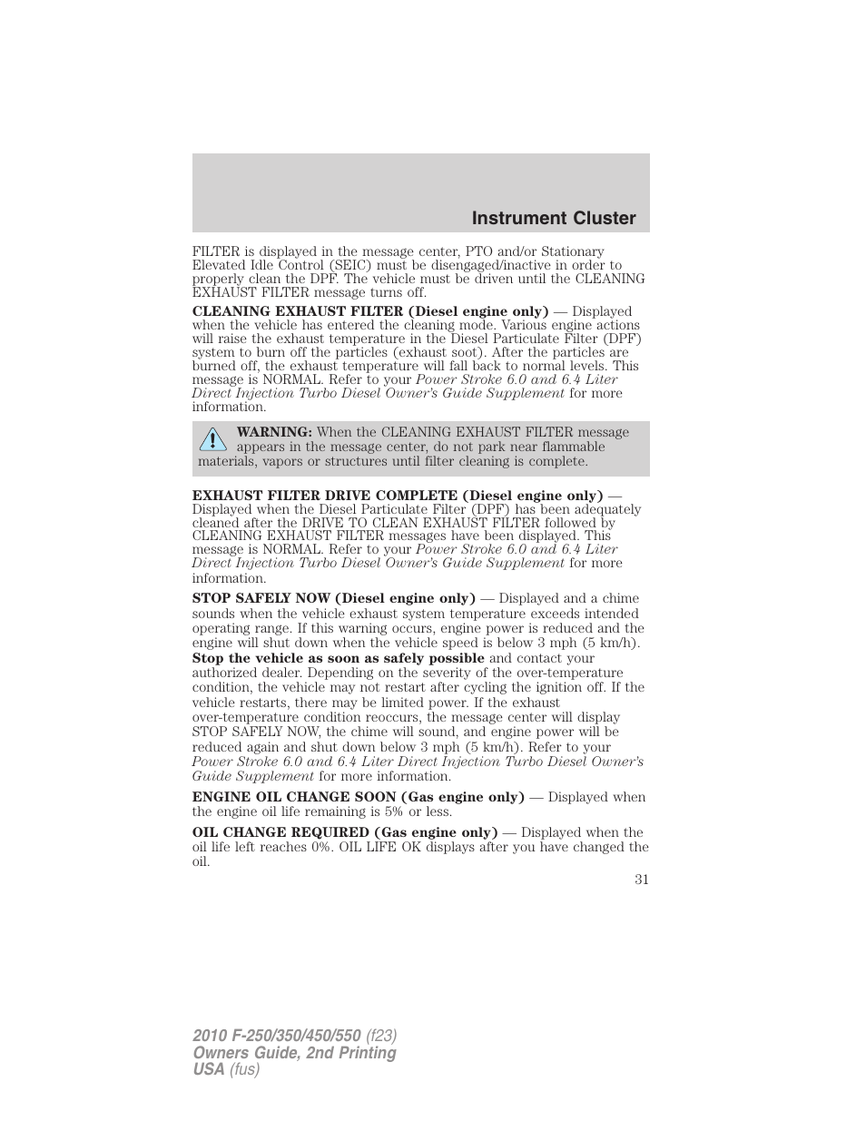 Instrument cluster | FORD 2010 F-550 v.2 User Manual | Page 31 / 408