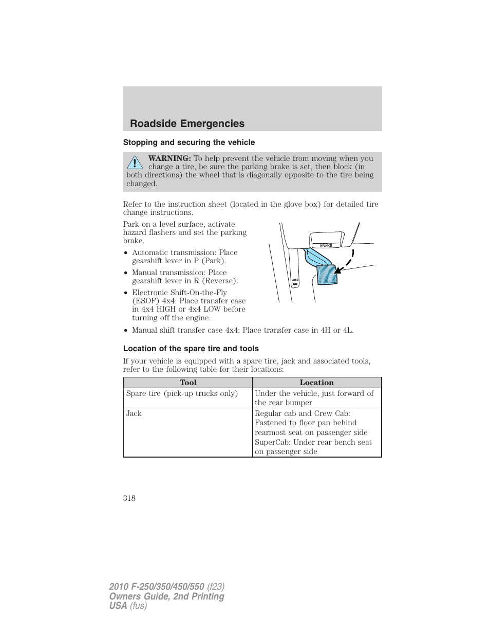 Stopping and securing the vehicle, Location of the spare tire and tools, Roadside emergencies | FORD 2010 F-550 v.2 User Manual | Page 318 / 408