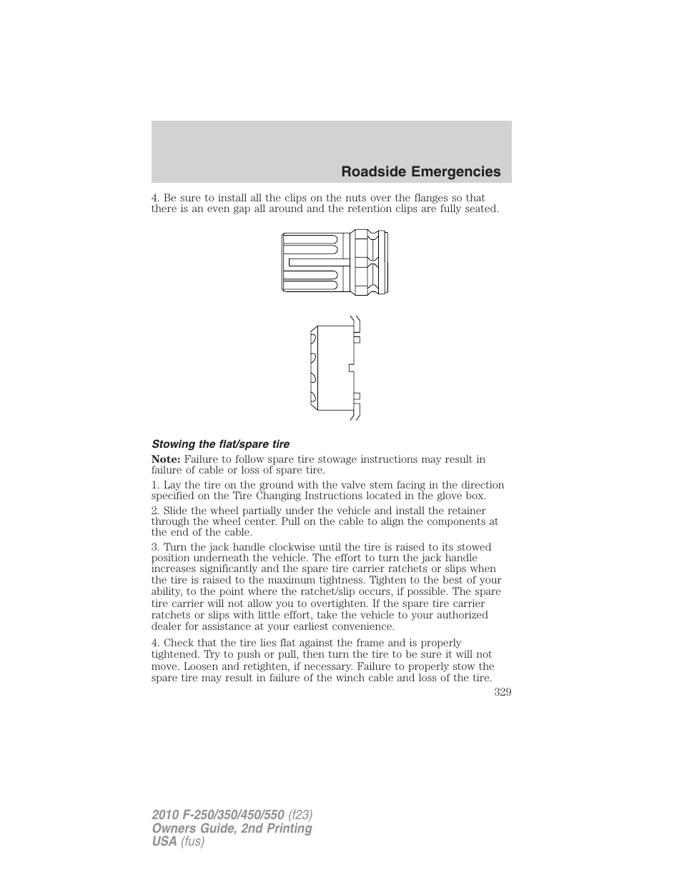 Stowing the flat/spare tire, Roadside emergencies | FORD 2010 F-550 v.2 User Manual | Page 329 / 408