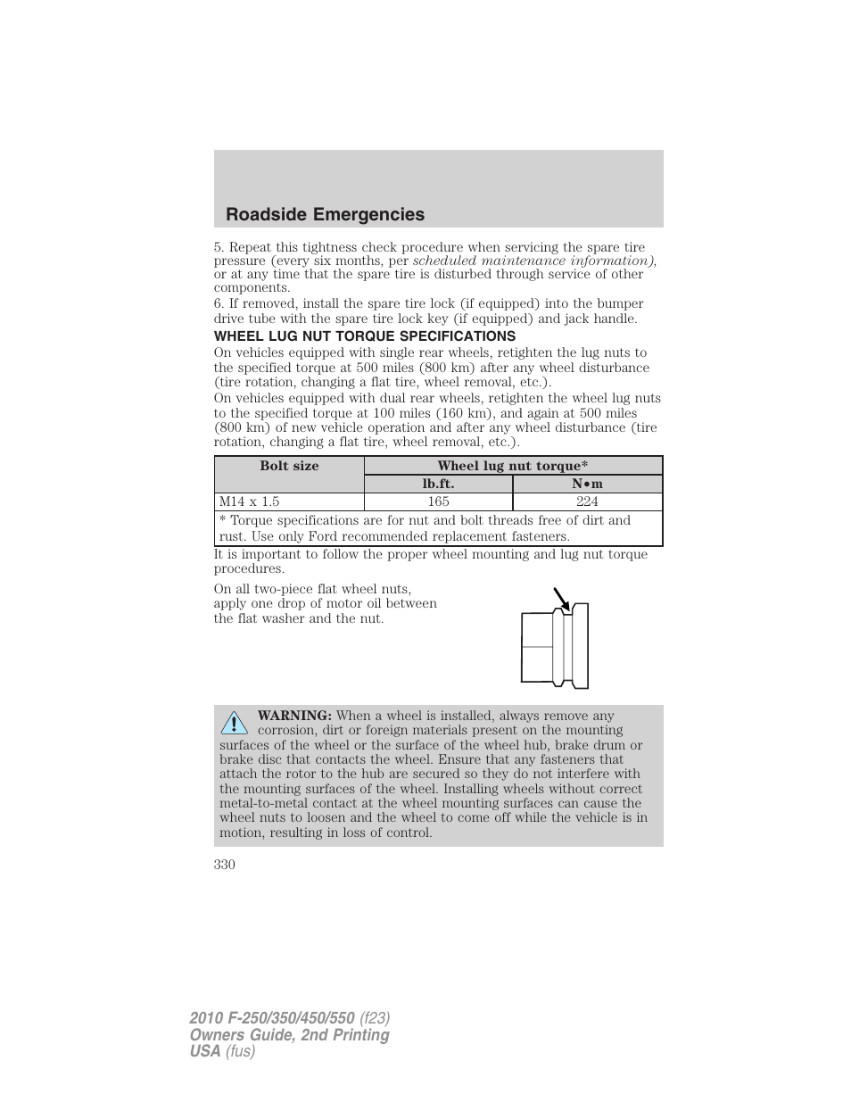Wheel lug nut torque specifications, Wheel lug nut torque, Roadside emergencies | FORD 2010 F-550 v.2 User Manual | Page 330 / 408