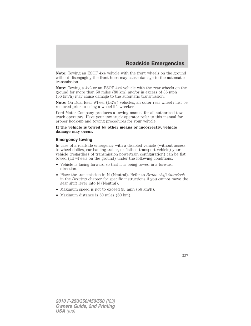 Emergency towing, Roadside emergencies | FORD 2010 F-550 v.2 User Manual | Page 337 / 408