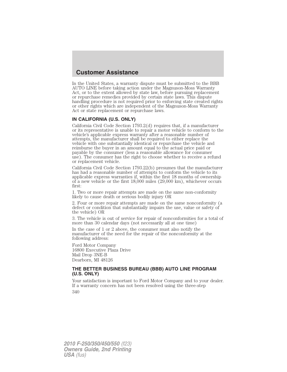 In california (u.s. only), Customer assistance | FORD 2010 F-550 v.2 User Manual | Page 340 / 408