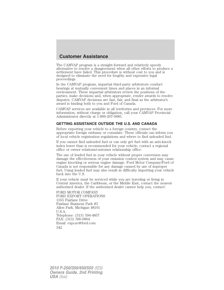 Getting assistance outside the u.s. and canada, Customer assistance | FORD 2010 F-550 v.2 User Manual | Page 342 / 408