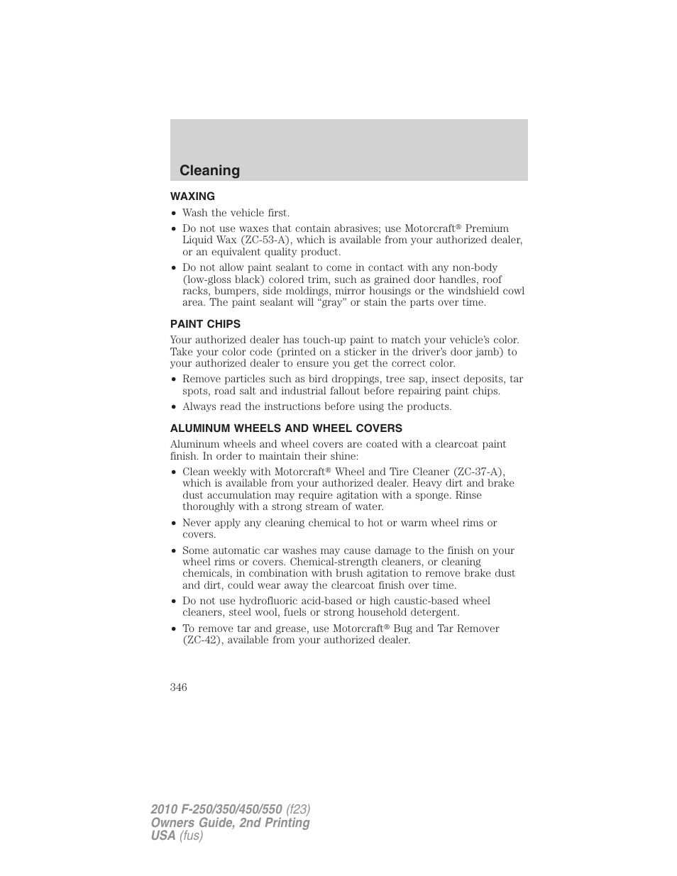 Waxing, Paint chips, Aluminum wheels and wheel covers | Cleaning | FORD 2010 F-550 v.2 User Manual | Page 346 / 408