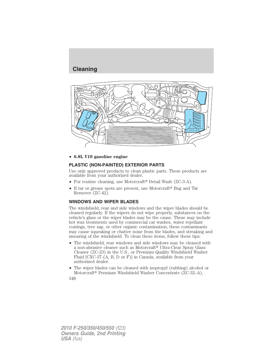 Plastic (non-painted) exterior parts, Windows and wiper blades, Cleaning | FORD 2010 F-550 v.2 User Manual | Page 348 / 408