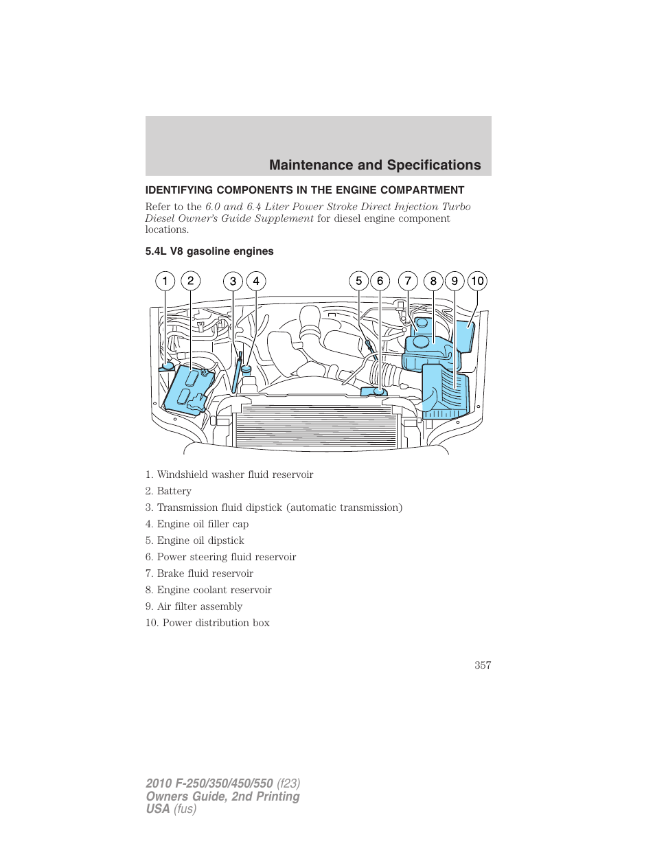 Identifying components in the engine compartment, 4l v8 gasoline engines, Engine compartment | Maintenance and specifications | FORD 2010 F-550 v.2 User Manual | Page 357 / 408