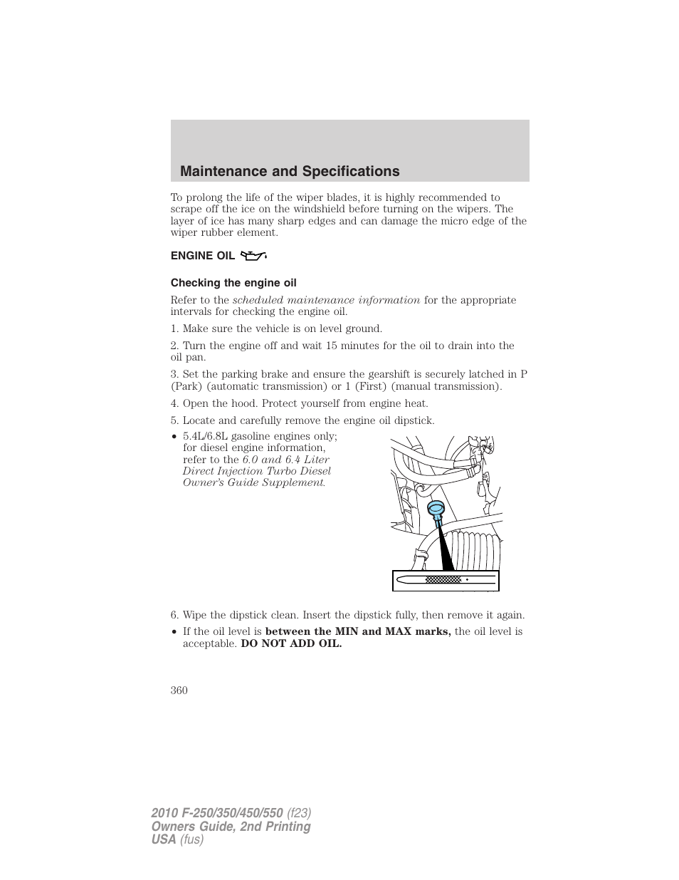 Engine oil, Checking the engine oil, Maintenance and specifications | FORD 2010 F-550 v.2 User Manual | Page 360 / 408