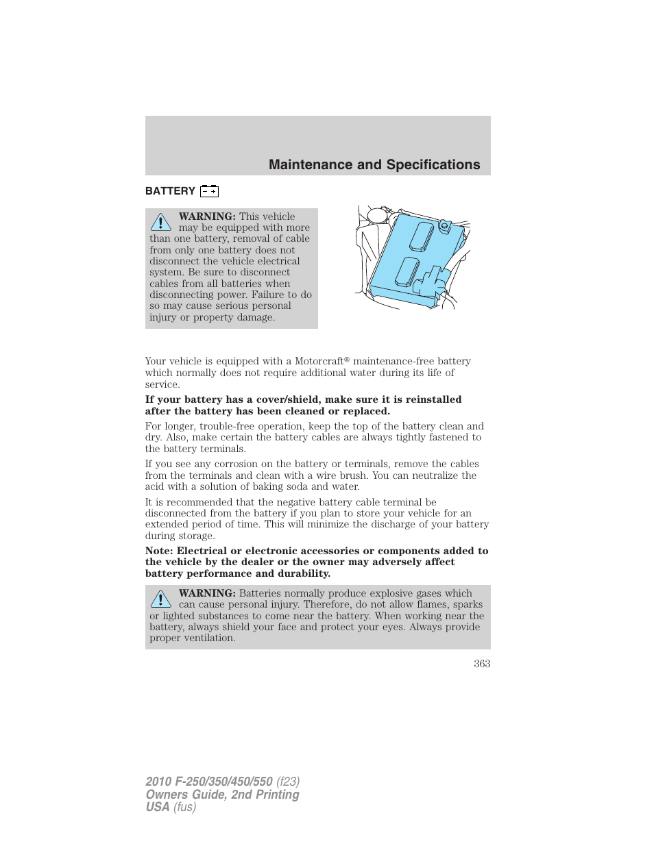 Battery, Maintenance and specifications | FORD 2010 F-550 v.2 User Manual | Page 363 / 408