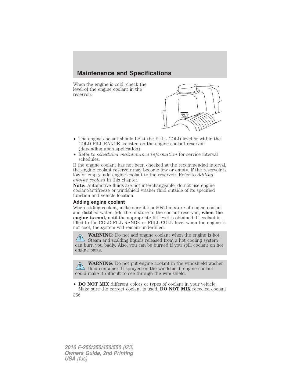 Adding engine coolant, Maintenance and specifications | FORD 2010 F-550 v.2 User Manual | Page 366 / 408