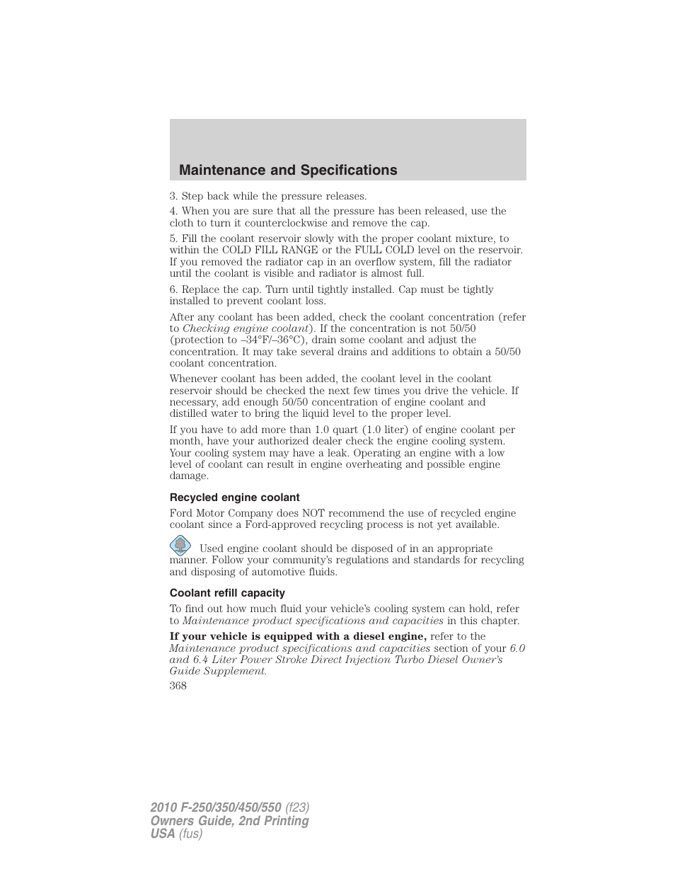 Recycled engine coolant, Coolant refill capacity, Maintenance and specifications | FORD 2010 F-550 v.2 User Manual | Page 368 / 408