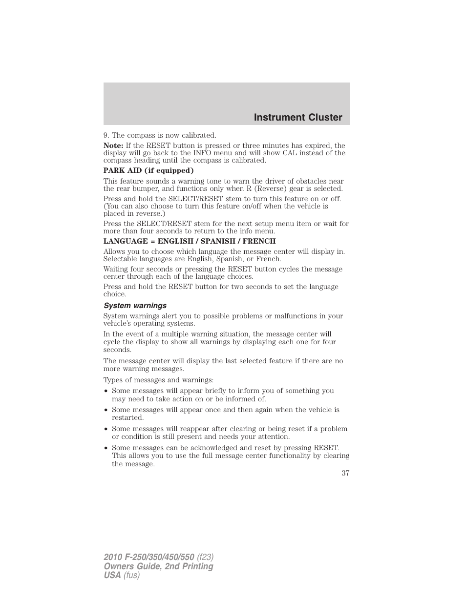 System warnings, Instrument cluster | FORD 2010 F-550 v.2 User Manual | Page 37 / 408