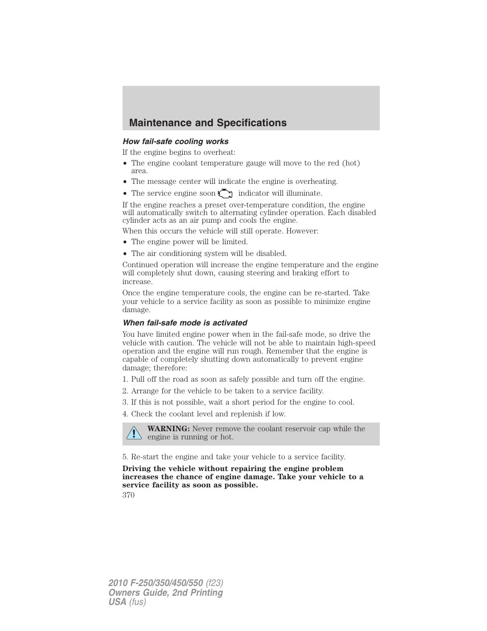 How fail-safe cooling works, When fail-safe mode is activated, Maintenance and specifications | FORD 2010 F-550 v.2 User Manual | Page 370 / 408