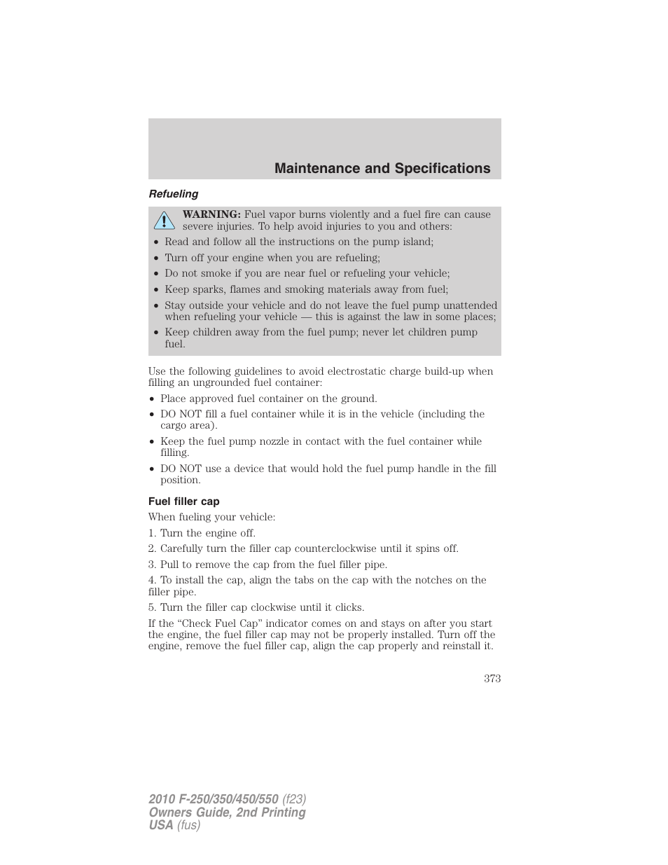 Refueling, Fuel filler cap, Maintenance and specifications | FORD 2010 F-550 v.2 User Manual | Page 373 / 408