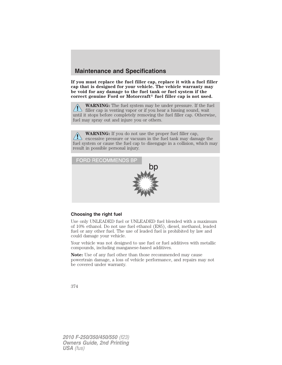 Choosing the right fuel, Maintenance and specifications | FORD 2010 F-550 v.2 User Manual | Page 374 / 408