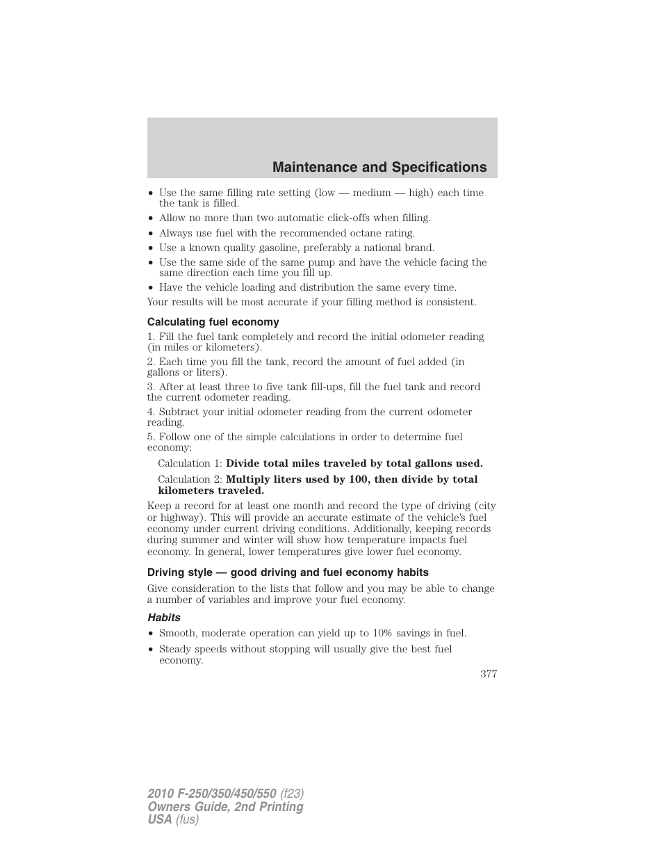 Calculating fuel economy, Habits, Maintenance and specifications | FORD 2010 F-550 v.2 User Manual | Page 377 / 408