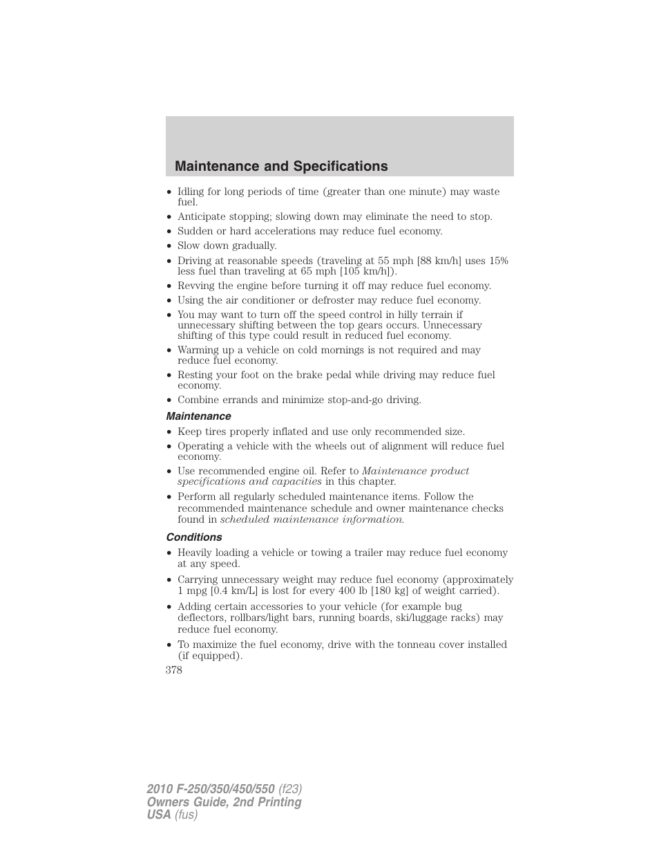 Maintenance, Conditions, Maintenance and specifications | FORD 2010 F-550 v.2 User Manual | Page 378 / 408