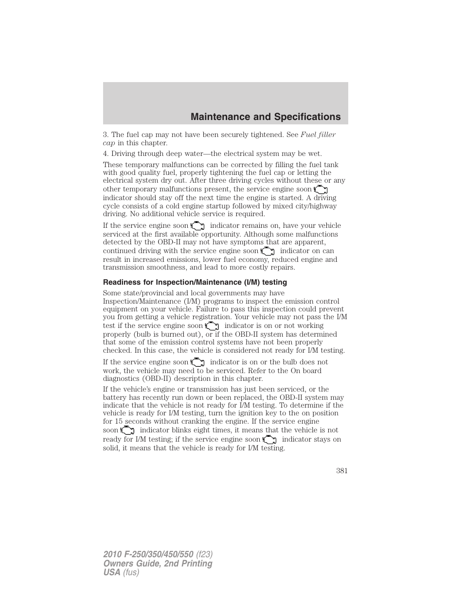 Readiness for inspection/maintenance (i/m) testing, Maintenance and specifications | FORD 2010 F-550 v.2 User Manual | Page 381 / 408