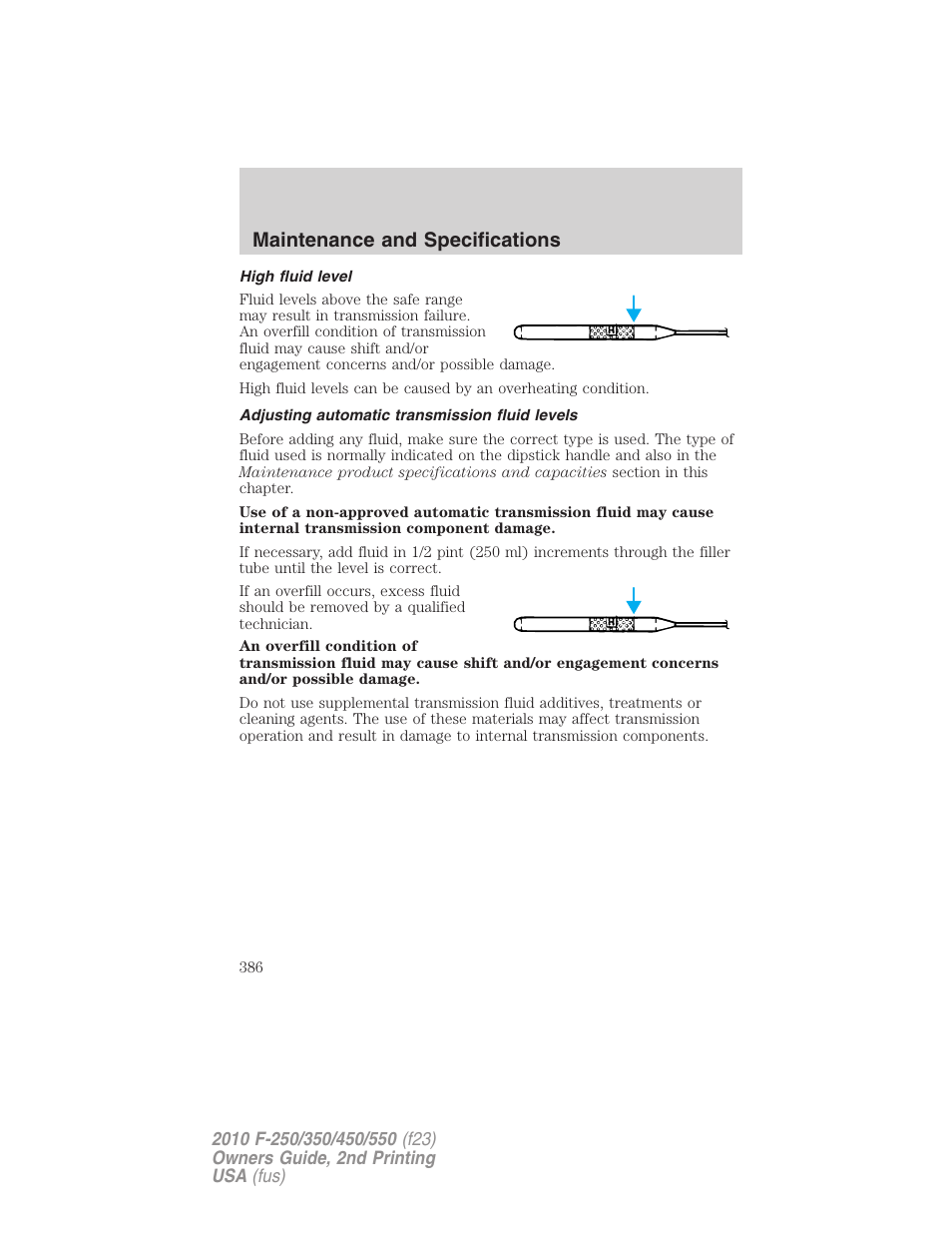 High fluid level, Adjusting automatic transmission fluid levels, Maintenance and specifications | FORD 2010 F-550 v.2 User Manual | Page 386 / 408