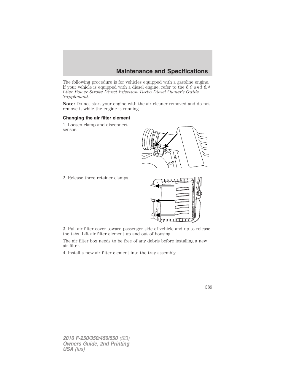Changing the air filter element, Air filter(s), Maintenance and specifications | FORD 2010 F-550 v.2 User Manual | Page 389 / 408