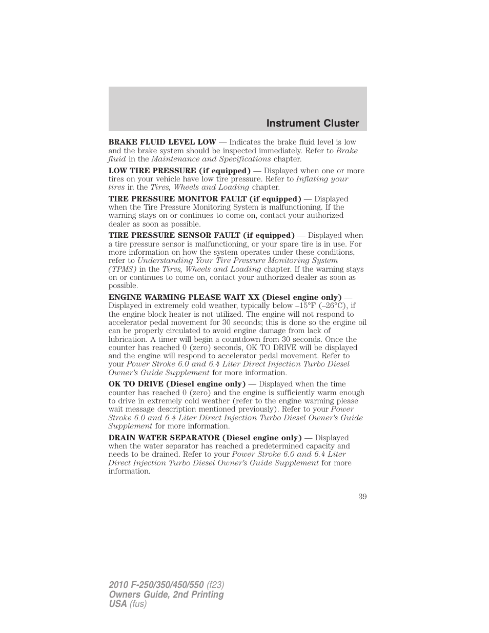 Instrument cluster | FORD 2010 F-550 v.2 User Manual | Page 39 / 408