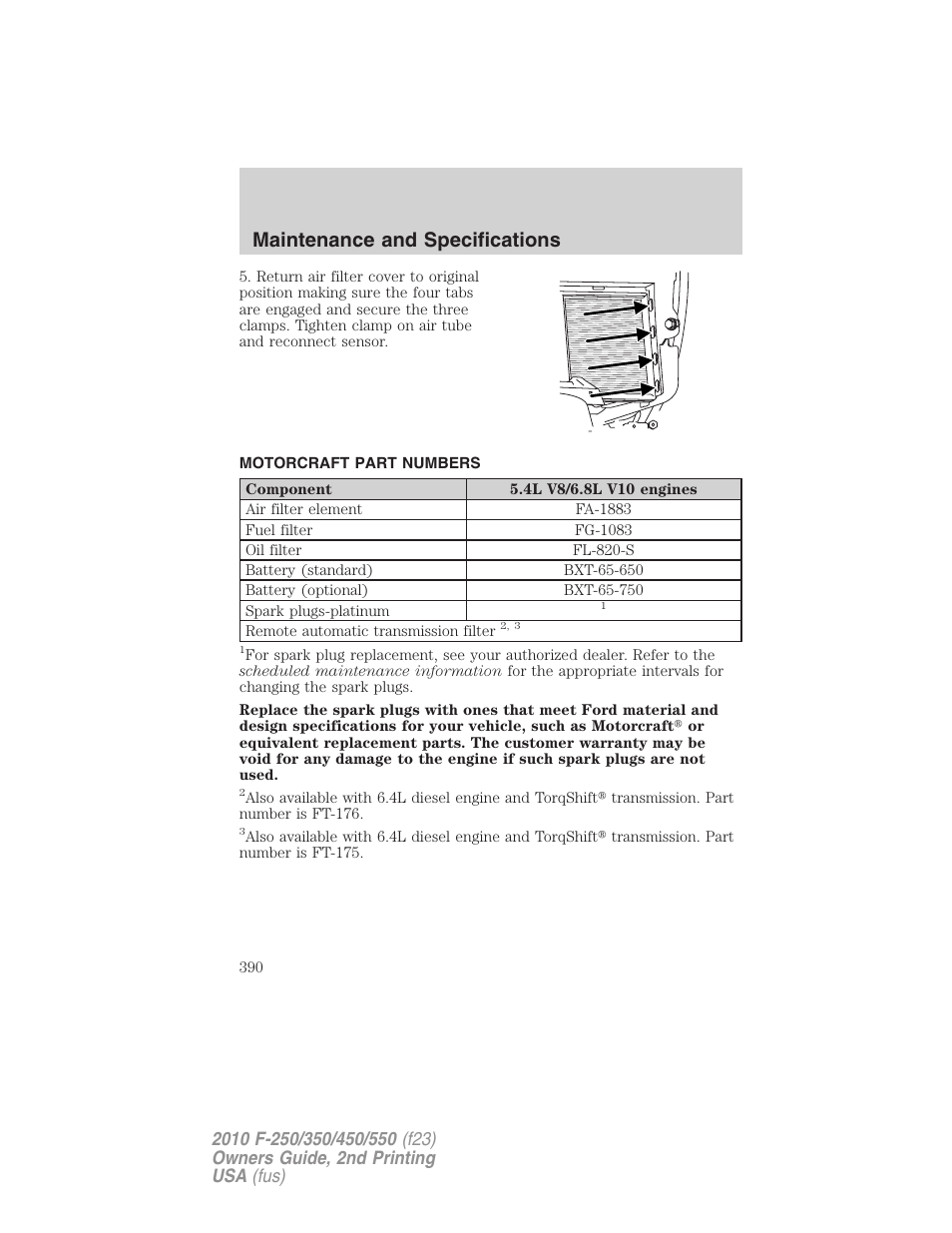 Motorcraft part numbers, Part numbers, Maintenance and specifications | FORD 2010 F-550 v.2 User Manual | Page 390 / 408