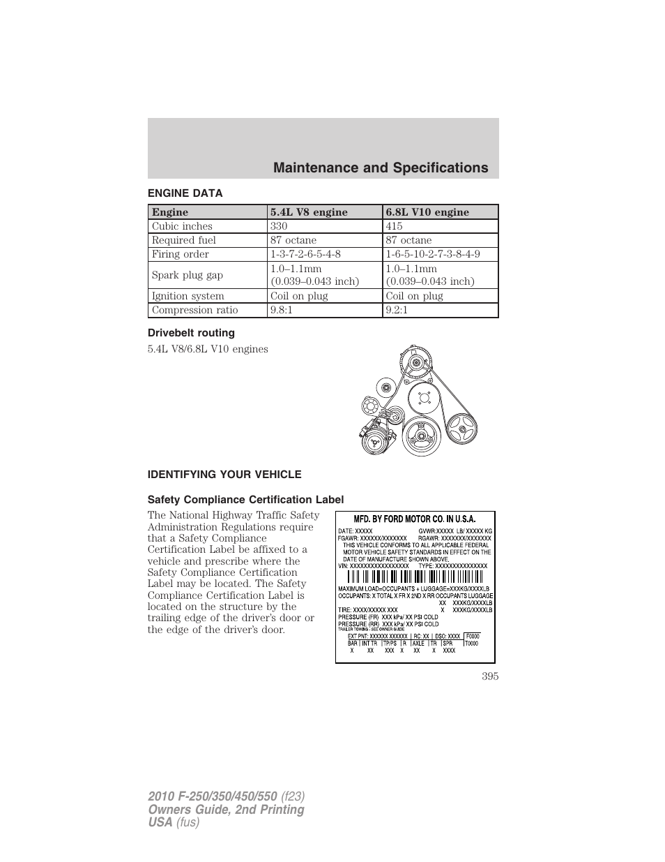 Engine data, Drivebelt routing, Identifying your vehicle | Safety compliance certification label, Maintenance and specifications | FORD 2010 F-550 v.2 User Manual | Page 395 / 408