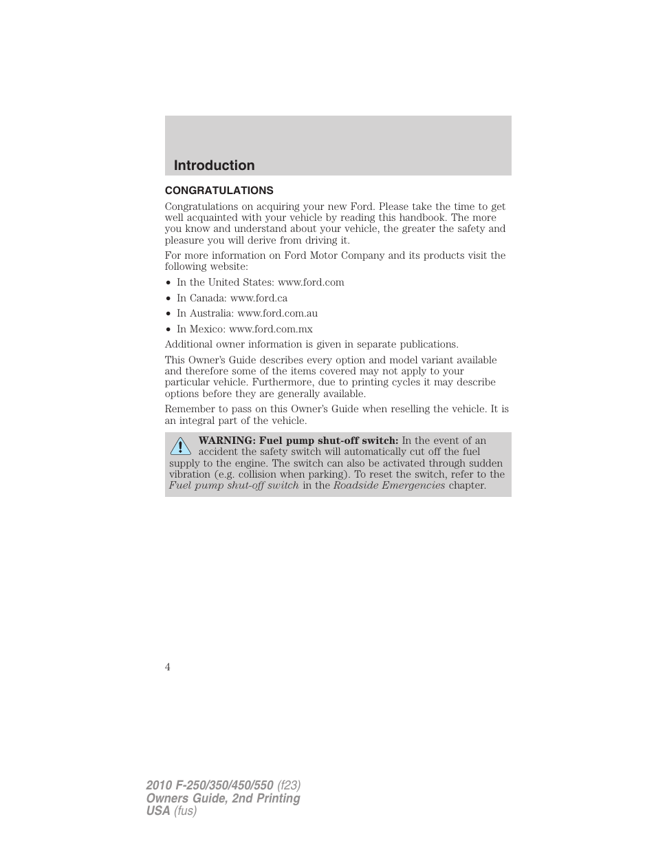 Introduction, Congratulations | FORD 2010 F-550 v.2 User Manual | Page 4 / 408