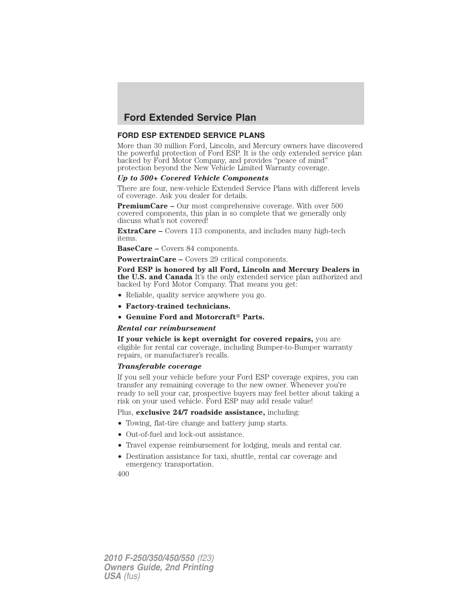 Ford extended service plan, Ford esp extended service plans | FORD 2010 F-550 v.2 User Manual | Page 400 / 408