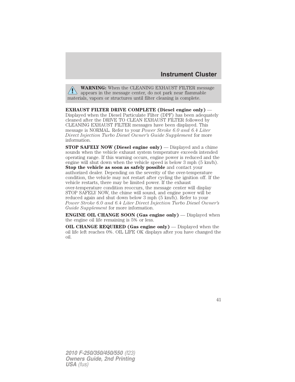 Instrument cluster | FORD 2010 F-550 v.2 User Manual | Page 41 / 408