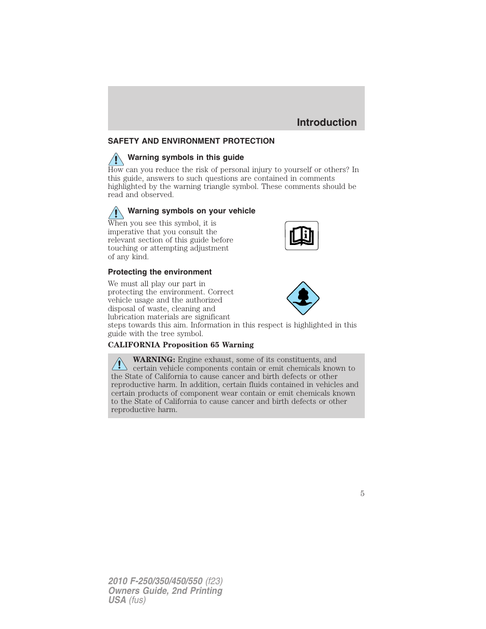 Safety and environment protection, Warning symbols in this guide, Warning symbols on your vehicle | Protecting the environment, Introduction | FORD 2010 F-550 v.2 User Manual | Page 5 / 408