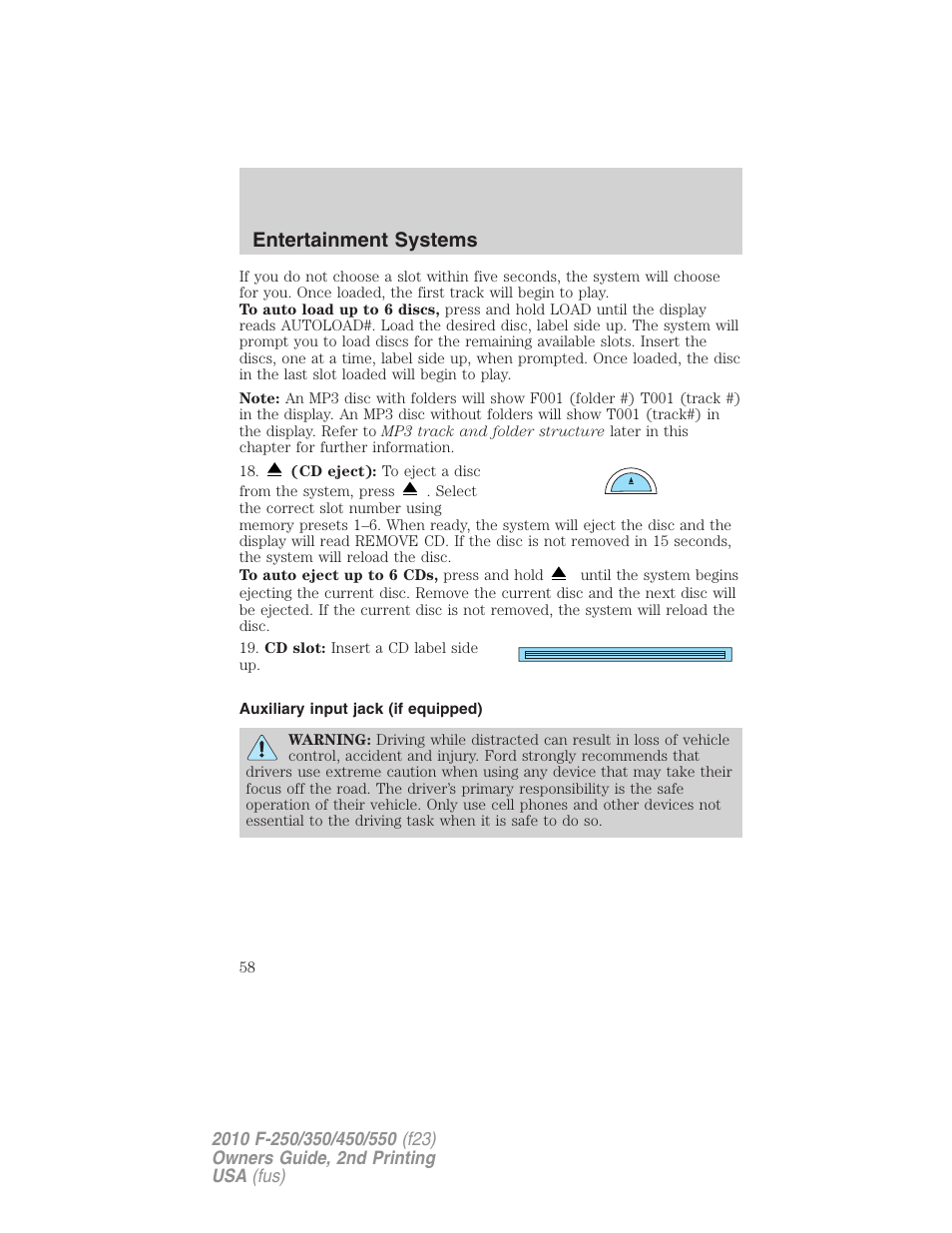 Auxiliary input jack (if equipped), Auxiliary input jack, Entertainment systems | FORD 2010 F-550 v.2 User Manual | Page 58 / 408