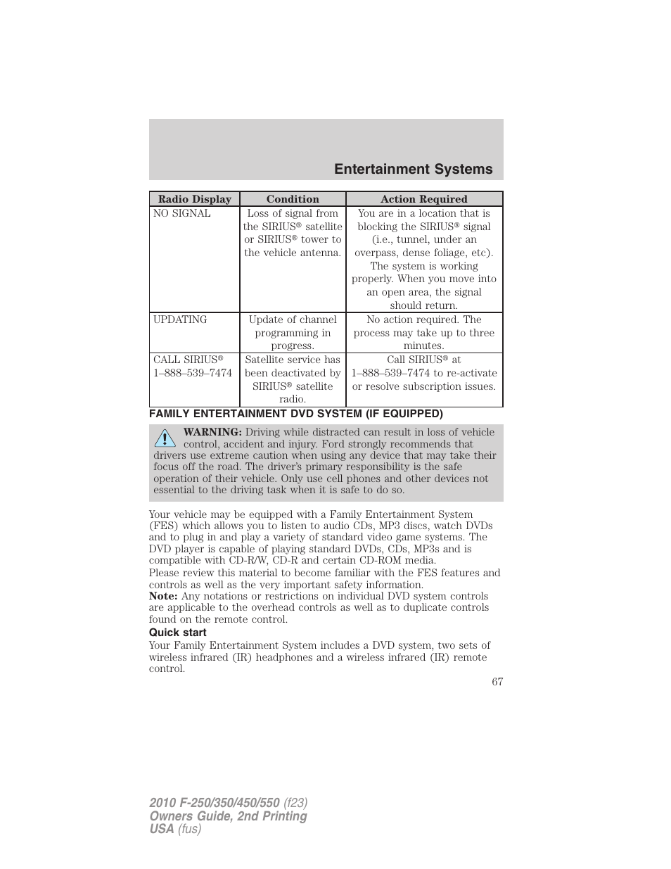 Family entertainment dvd system (if equipped), Quick start, Family entertainment system | Entertainment systems | FORD 2010 F-550 v.2 User Manual | Page 67 / 408