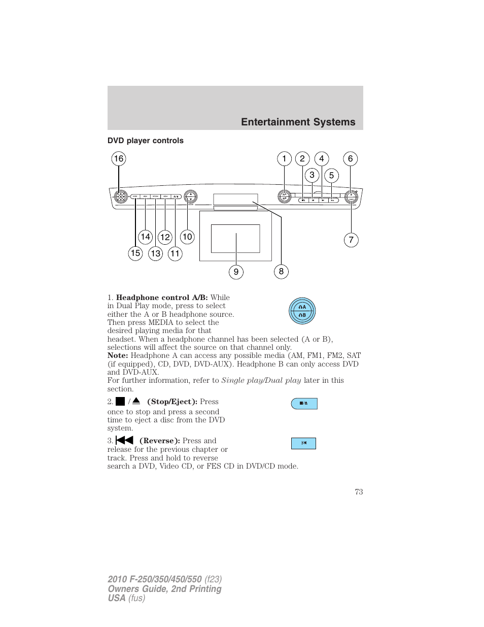 Dvd player controls, Entertainment systems | FORD 2010 F-550 v.2 User Manual | Page 73 / 408