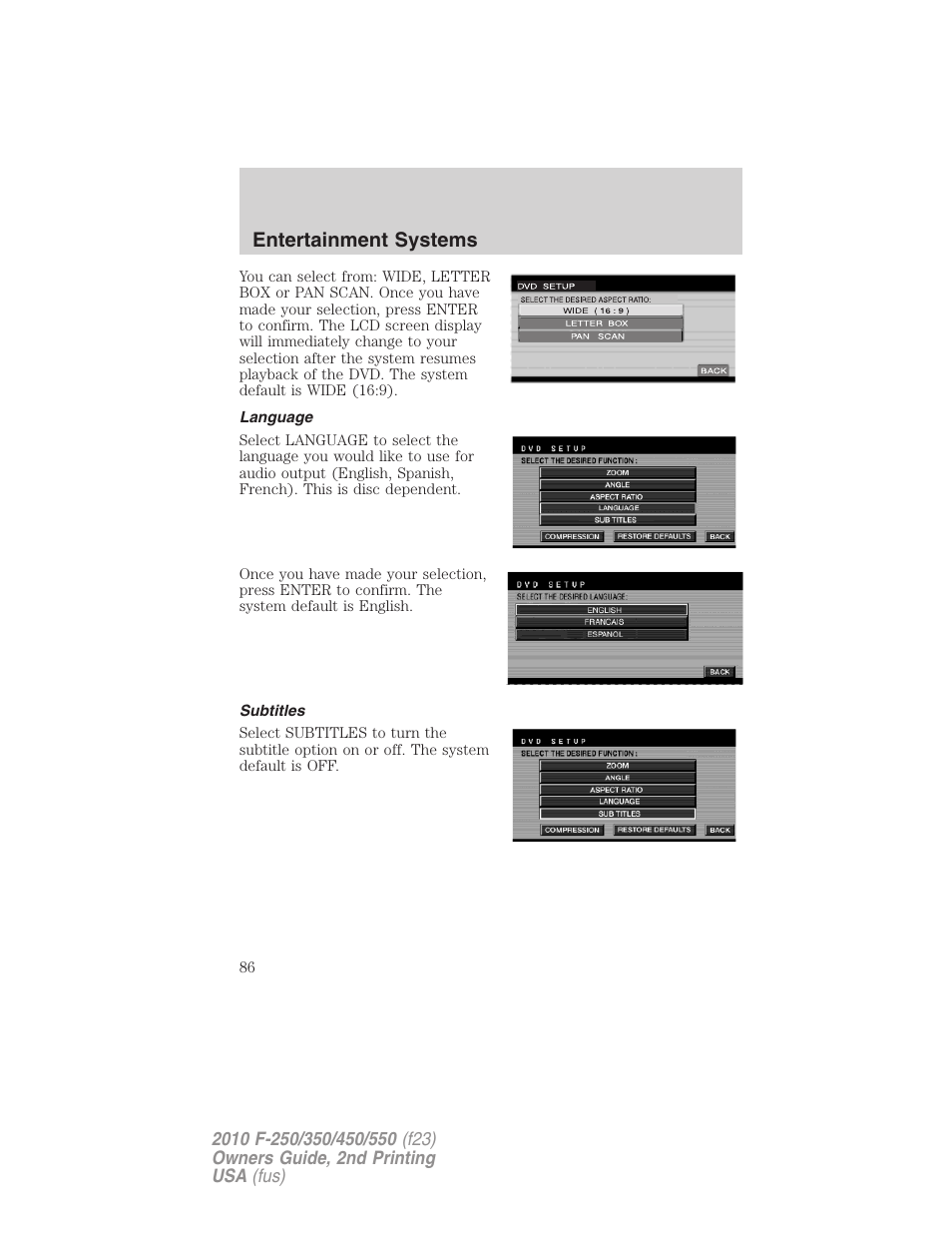 Language, Subtitles, Entertainment systems | FORD 2010 F-550 v.2 User Manual | Page 86 / 408