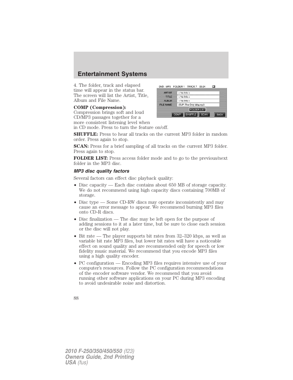 Mp3 disc quality factors, Entertainment systems | FORD 2010 F-550 v.2 User Manual | Page 88 / 408