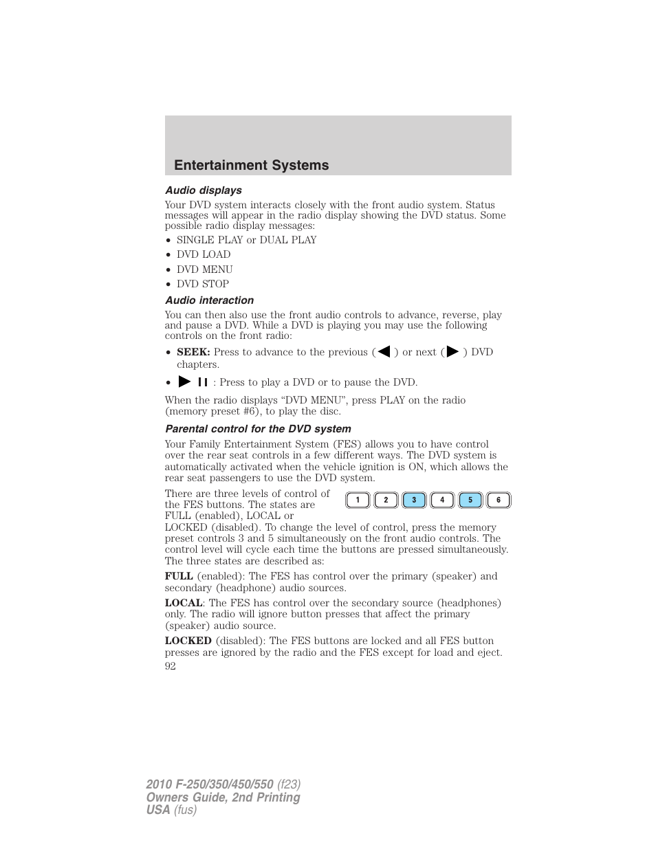 Audio displays, Audio interaction, Parental control for the dvd system | Entertainment systems | FORD 2010 F-550 v.2 User Manual | Page 92 / 408