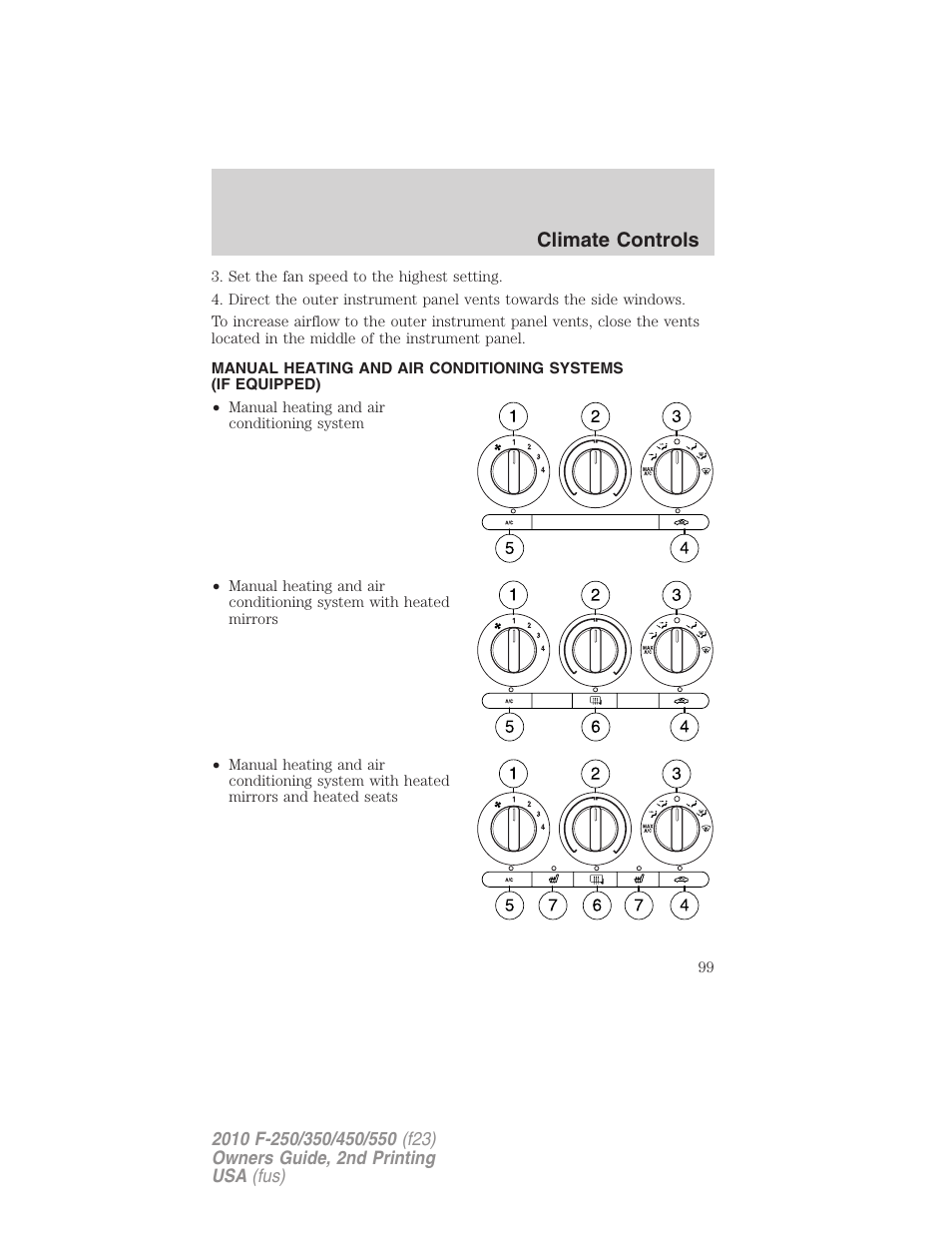 Manual heating and air conditioning, Climate controls | FORD 2010 F-550 v.2 User Manual | Page 99 / 408