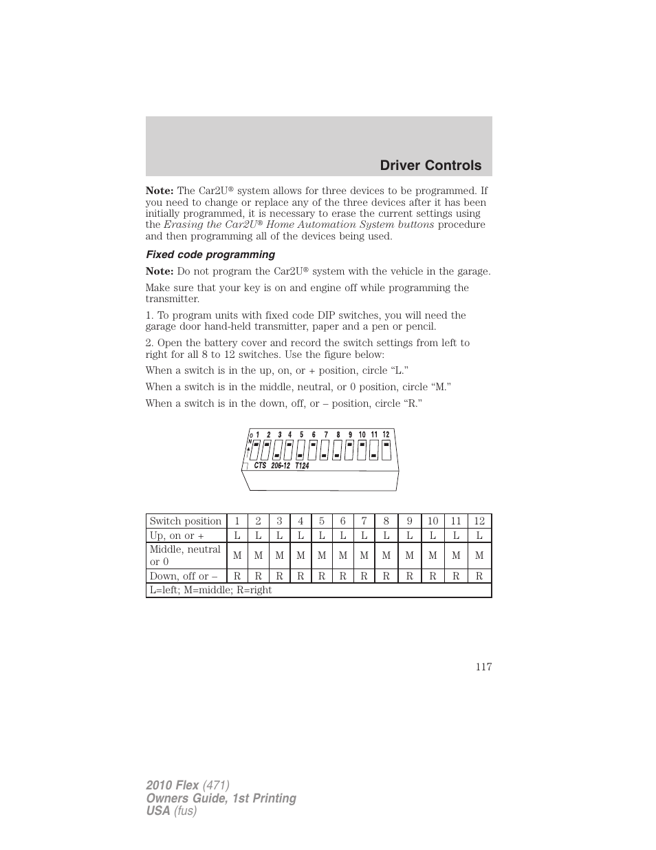 Fixed code programming, Driver controls | FORD 2010 Flex v.1 User Manual | Page 117 / 397