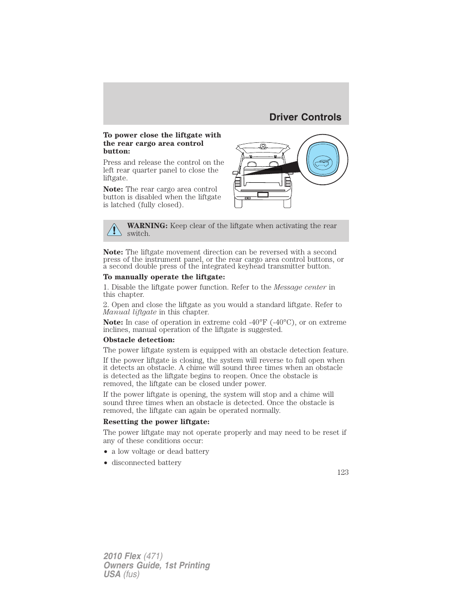 Driver controls | FORD 2010 Flex v.1 User Manual | Page 123 / 397