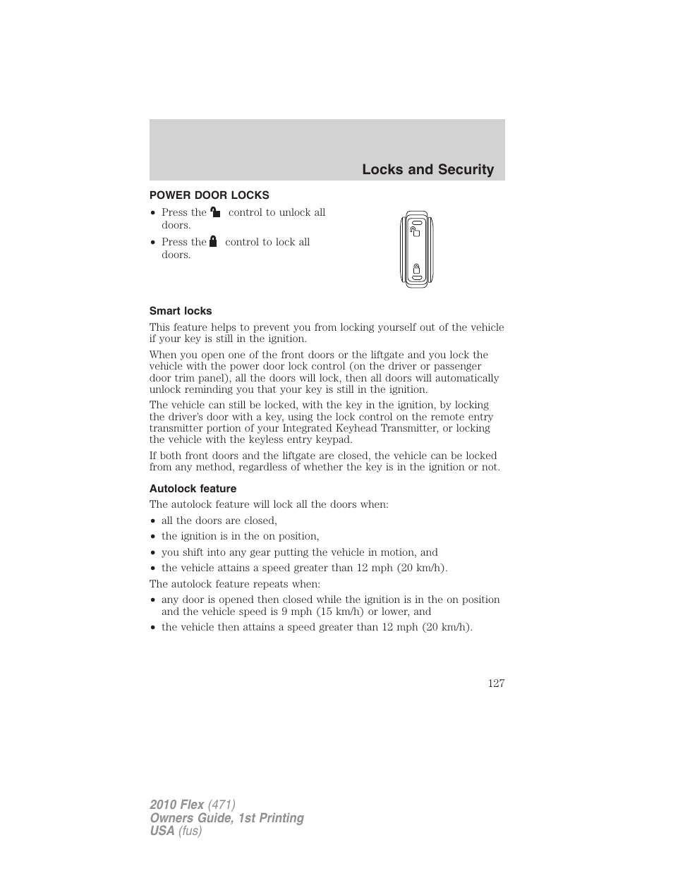 Power door locks, Smart locks, Autolock feature | Locks, Locks and security | FORD 2010 Flex v.1 User Manual | Page 127 / 397