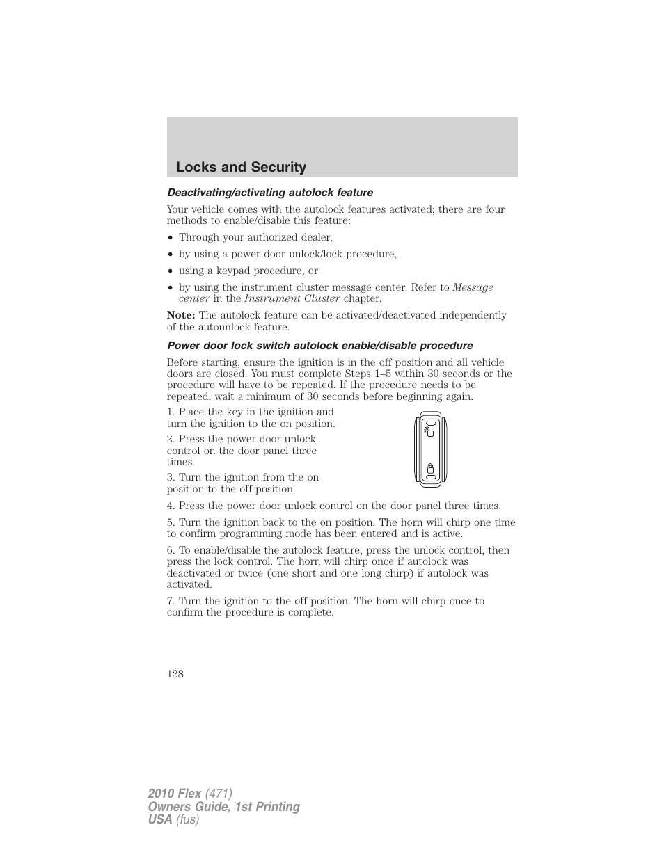 Deactivating/activating autolock feature, Locks and security | FORD 2010 Flex v.1 User Manual | Page 128 / 397