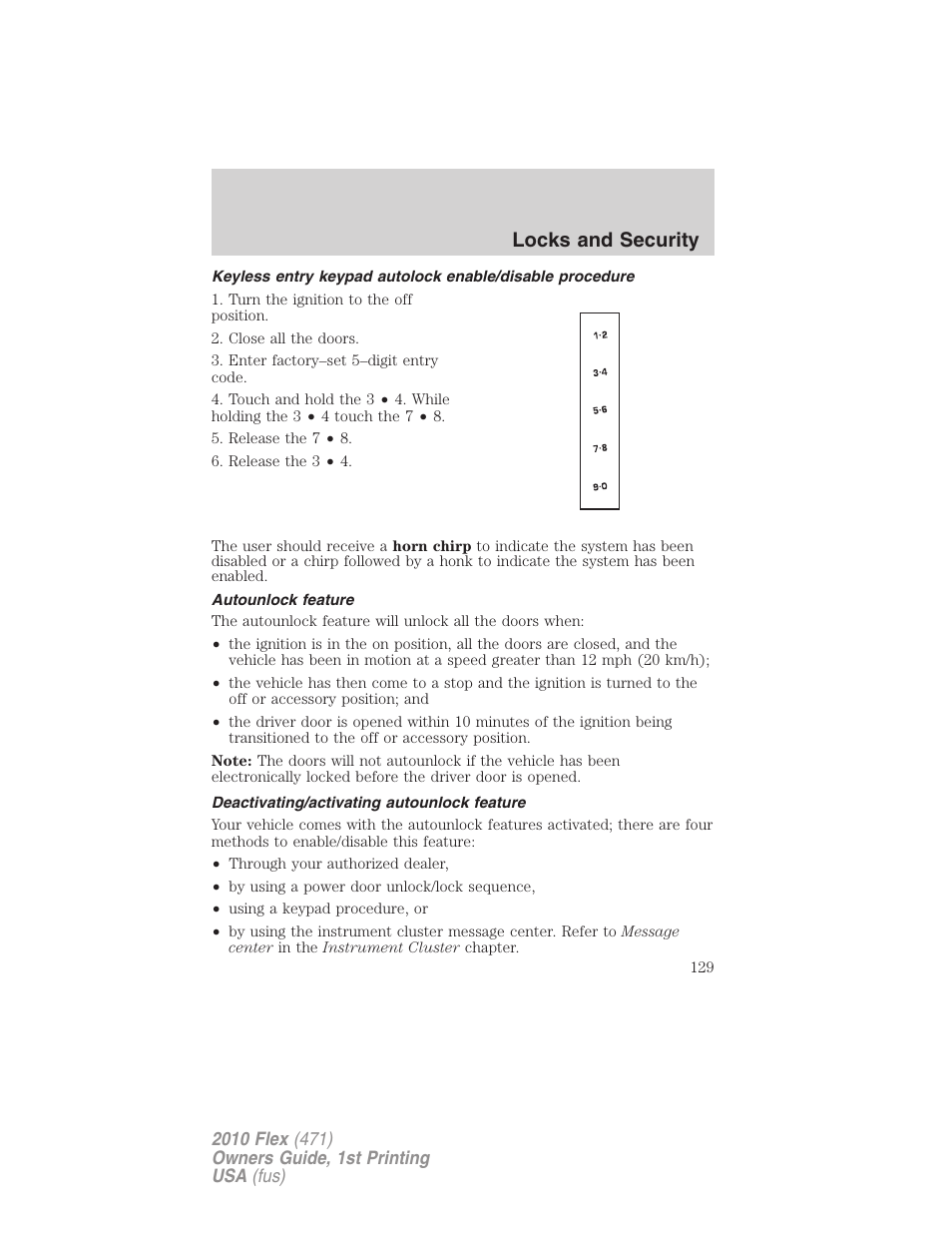 Autounlock feature, Deactivating/activating autounlock feature, Locks and security | FORD 2010 Flex v.1 User Manual | Page 129 / 397