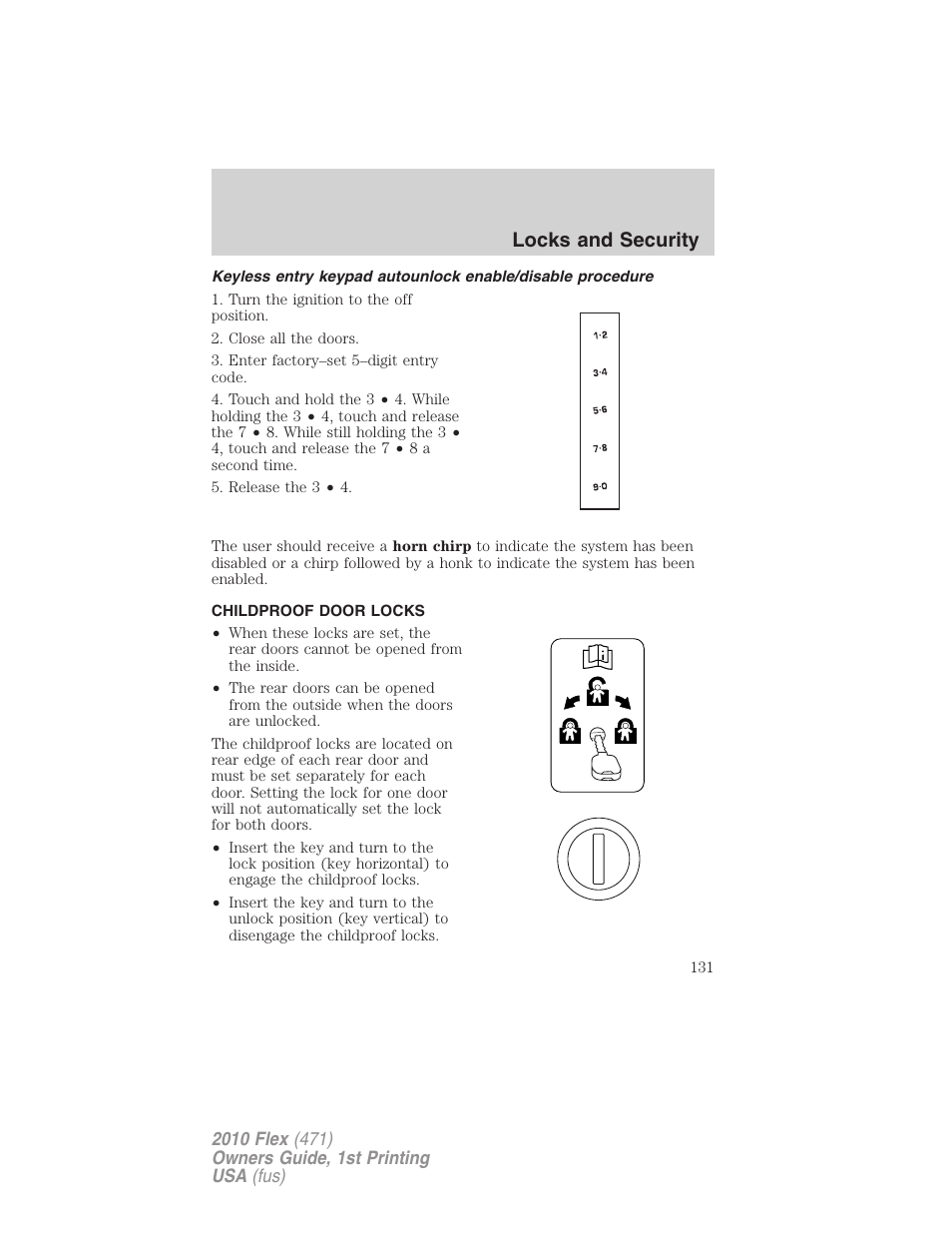 Childproof door locks, Locks and security | FORD 2010 Flex v.1 User Manual | Page 131 / 397