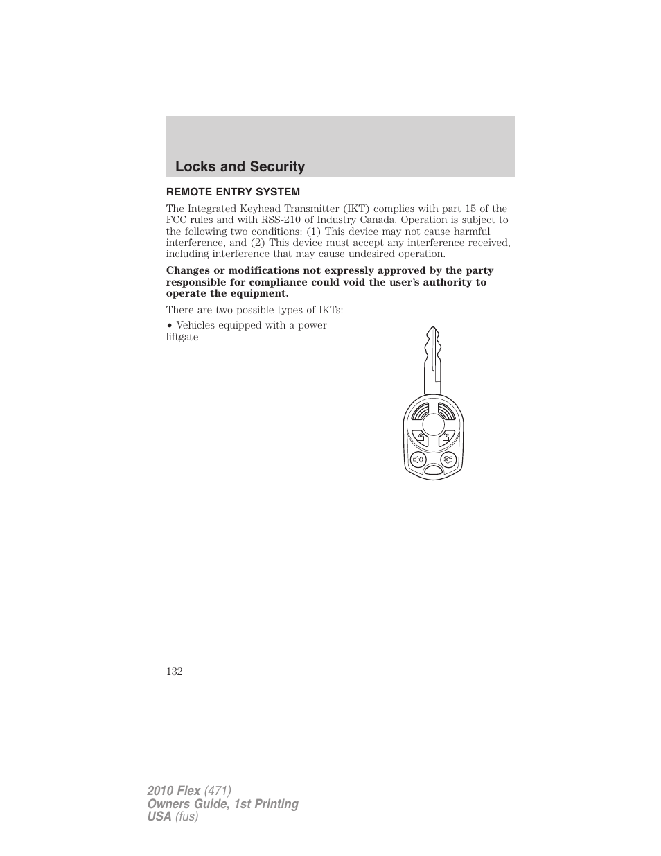 Remote entry system, Locks and security | FORD 2010 Flex v.1 User Manual | Page 132 / 397