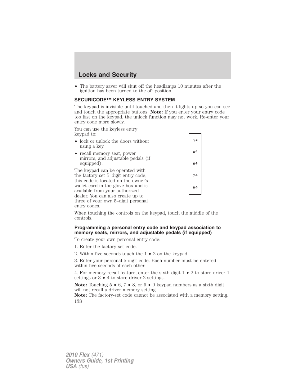 Securicode™ keyless entry system, Locks and security | FORD 2010 Flex v.1 User Manual | Page 138 / 397