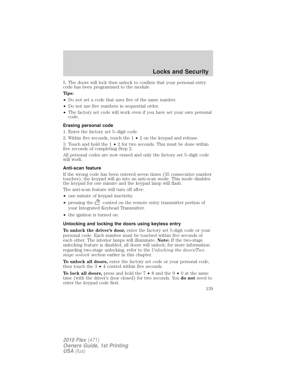 Erasing personal code, Anti-scan feature, Locks and security | FORD 2010 Flex v.1 User Manual | Page 139 / 397