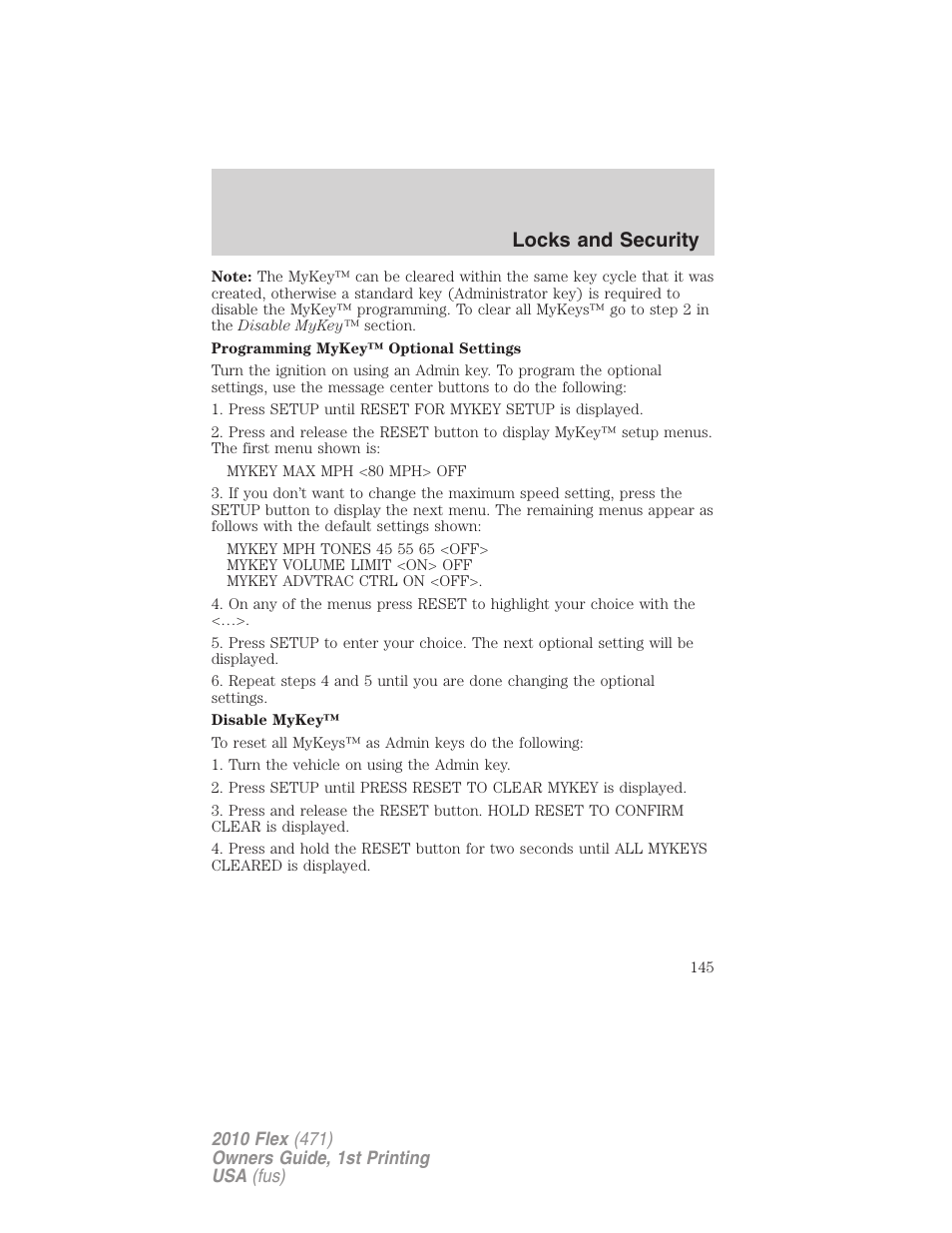 Locks and security | FORD 2010 Flex v.1 User Manual | Page 145 / 397
